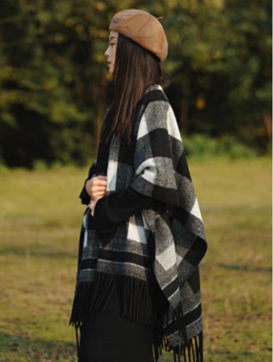 Premium Soft Black & White Checkered Cape W/ Fringes